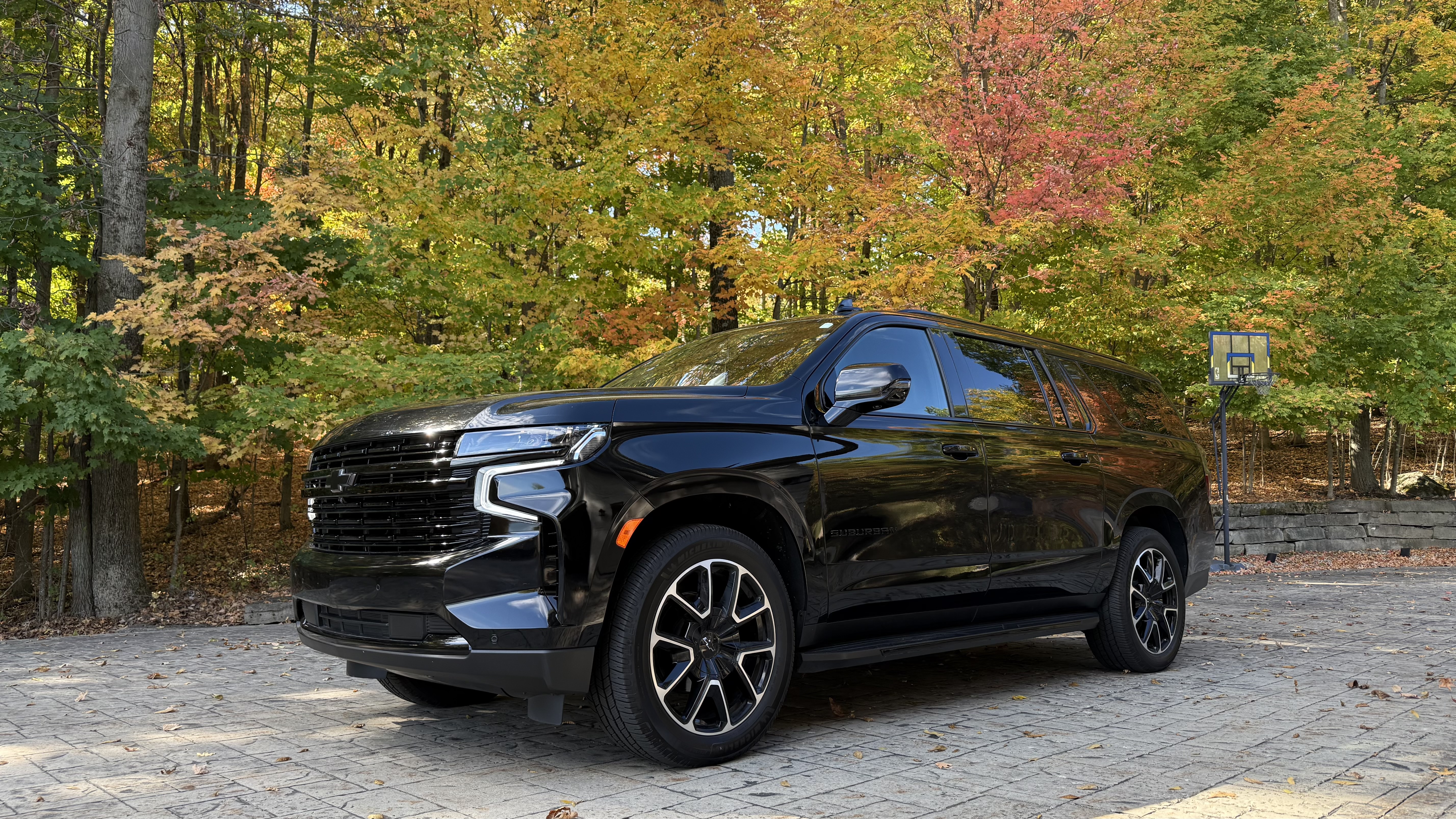 LuxeDetroit executive SUV on a tree-lined Metro Detroit road